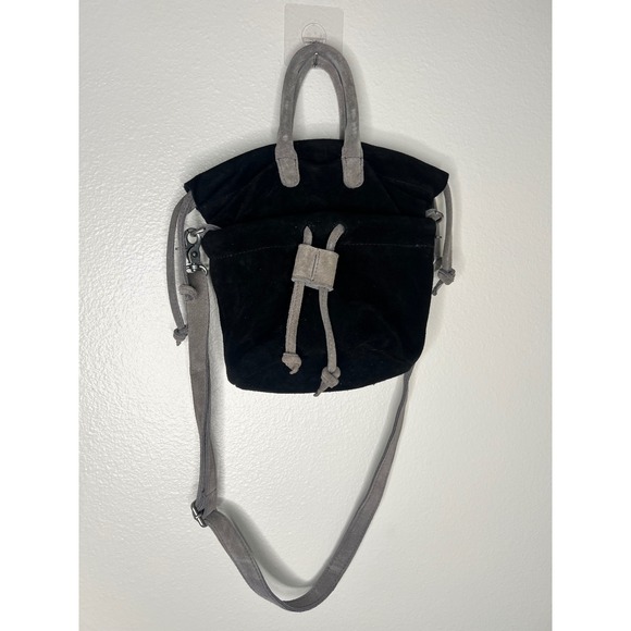 Free People Suede Drawstring Bucket Bag Black Gray Crossbody Tote Handbag - Picture 2 of 7
